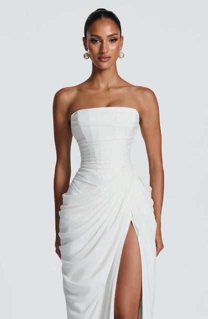 Women's Strapless Corset Maxi Dress with Draped Skirt and Thigh Split