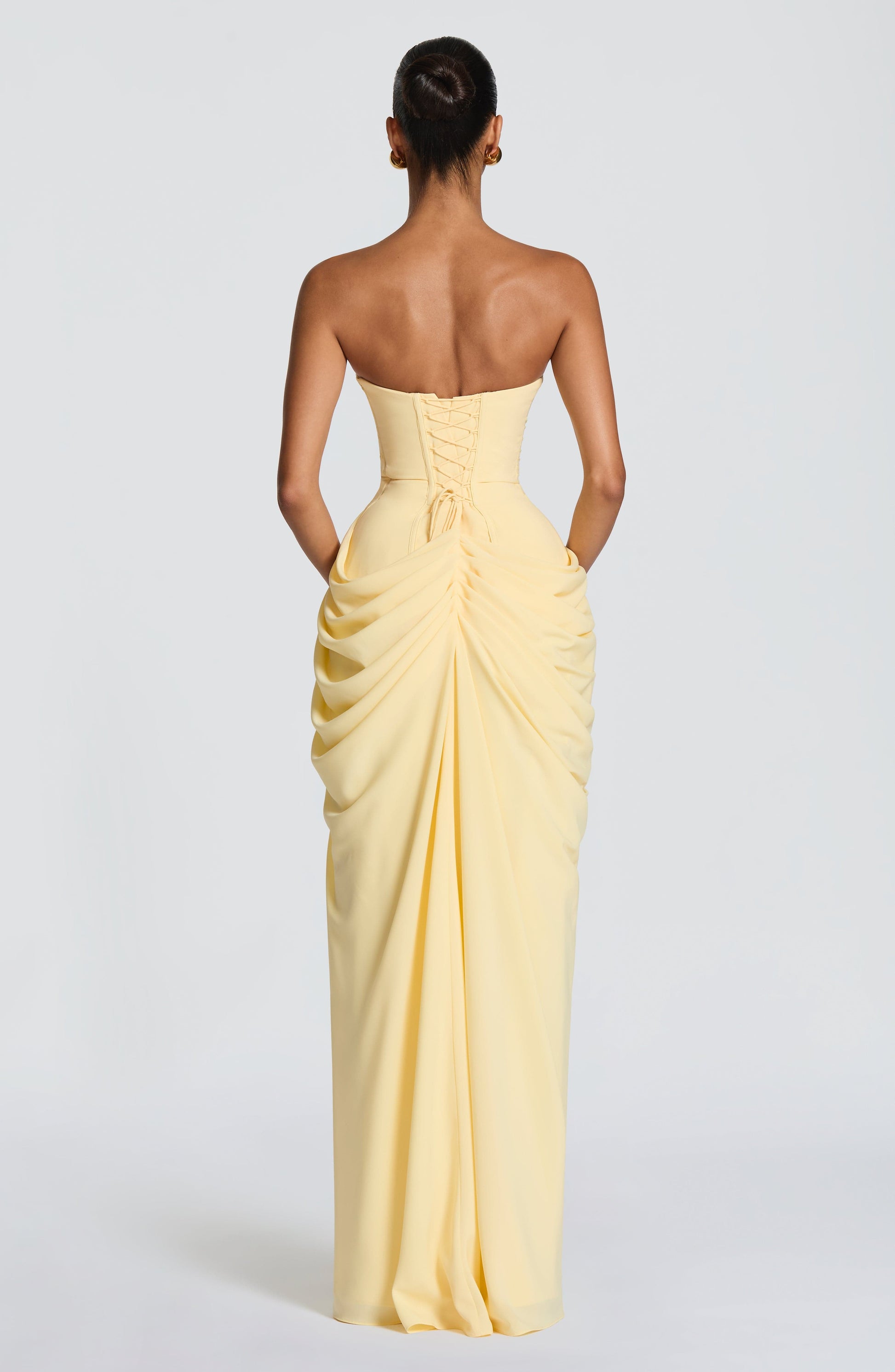 Women's Strapless Corset Maxi Dress with Draped Skirt and Thigh Split