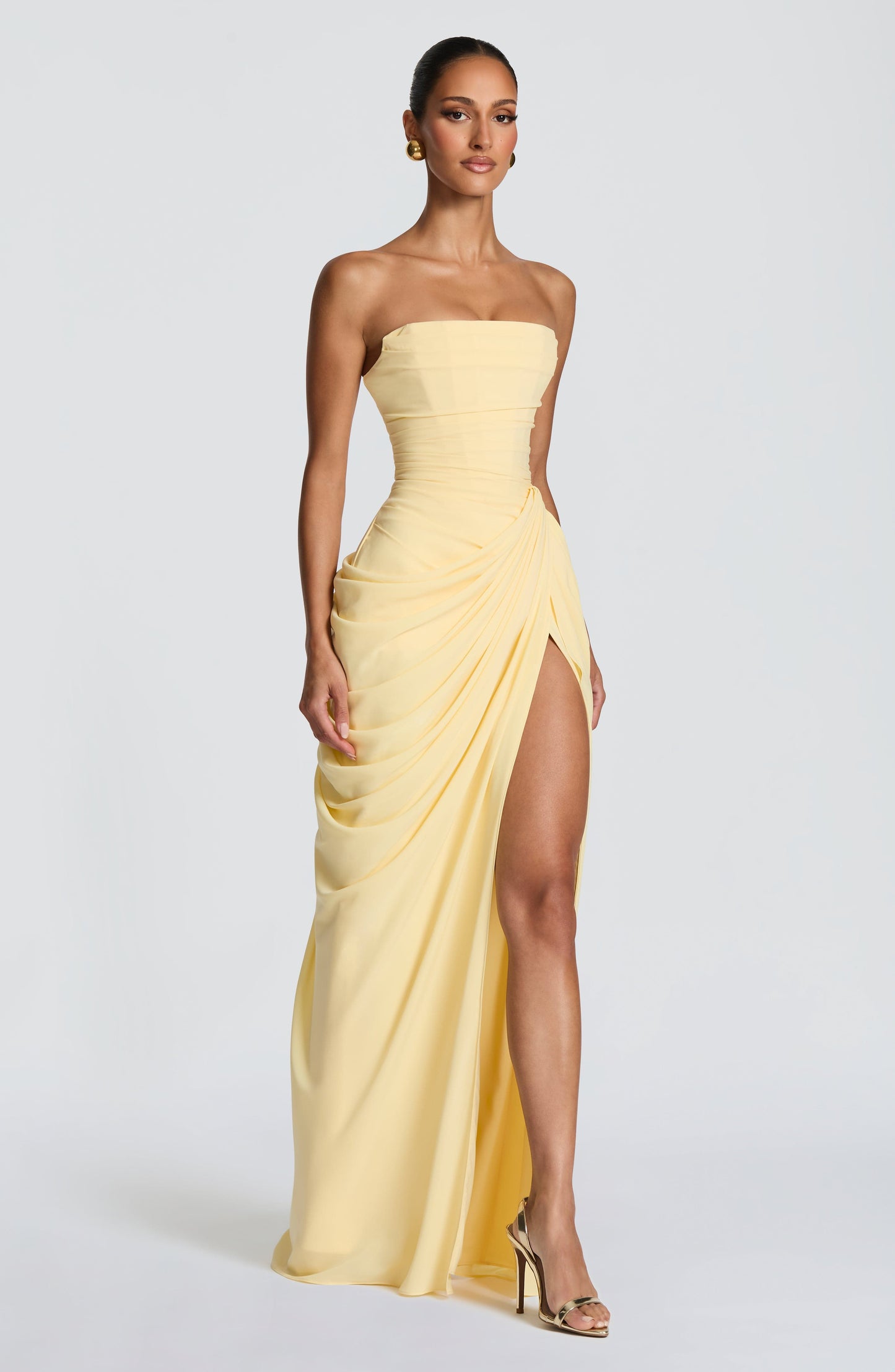Women's Strapless Corset Maxi Dress with Draped Skirt and Thigh Split