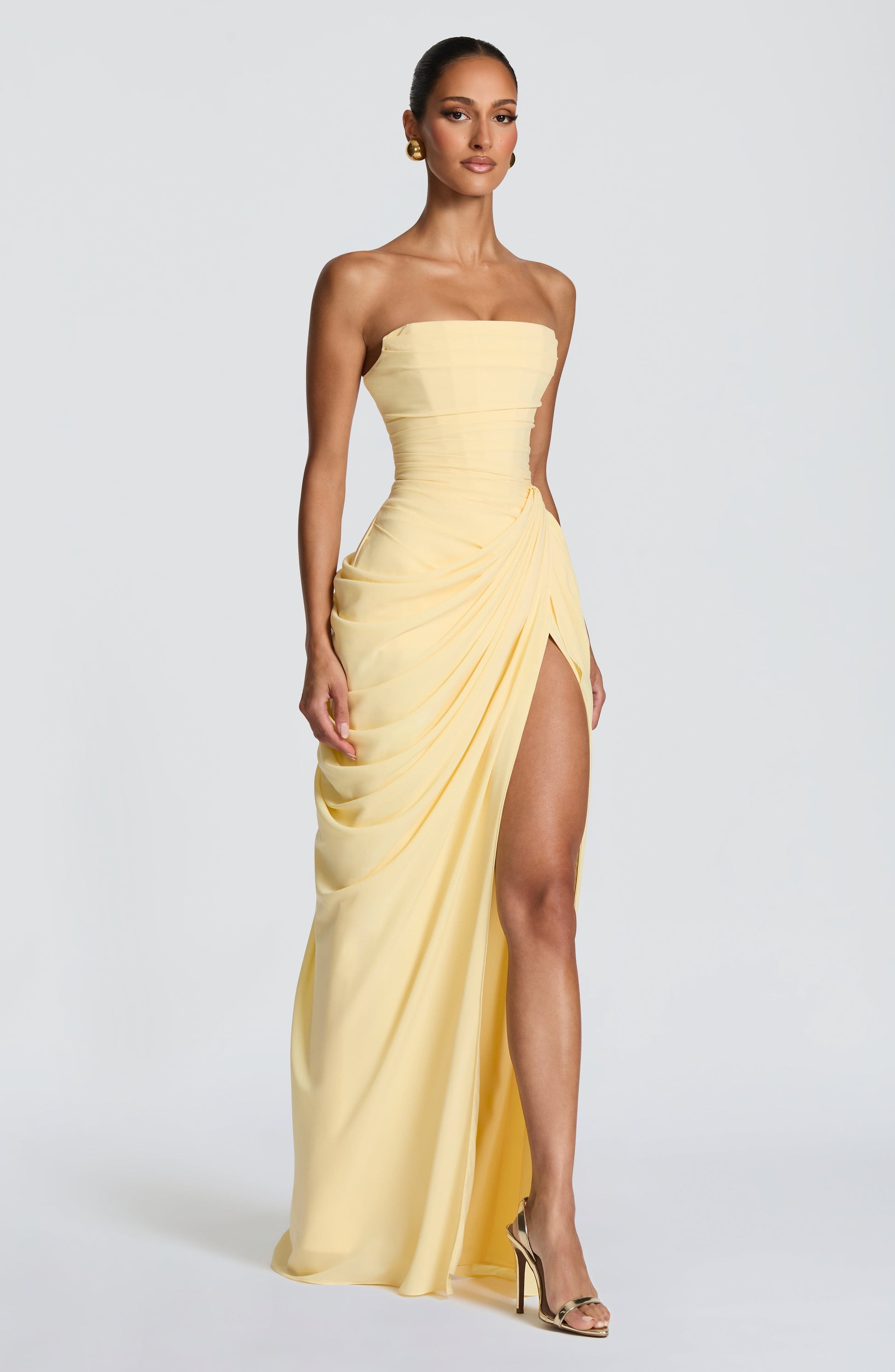 Women's Strapless Corset Maxi Dress with Draped Skirt and Thigh Split