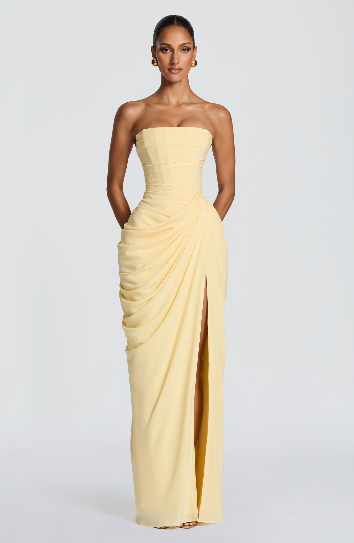 Women's Strapless Corset Maxi Dress with Draped Skirt and Thigh Split