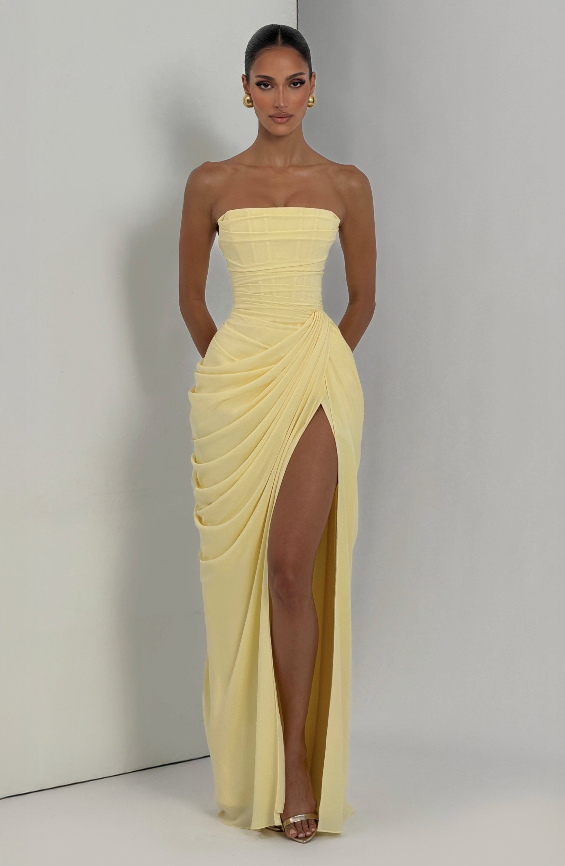 Women's Strapless Corset Maxi Dress with Draped Skirt and Thigh Split