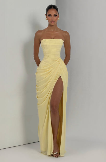 Women's Strapless Corset Maxi Dress with Draped Skirt and Thigh Split