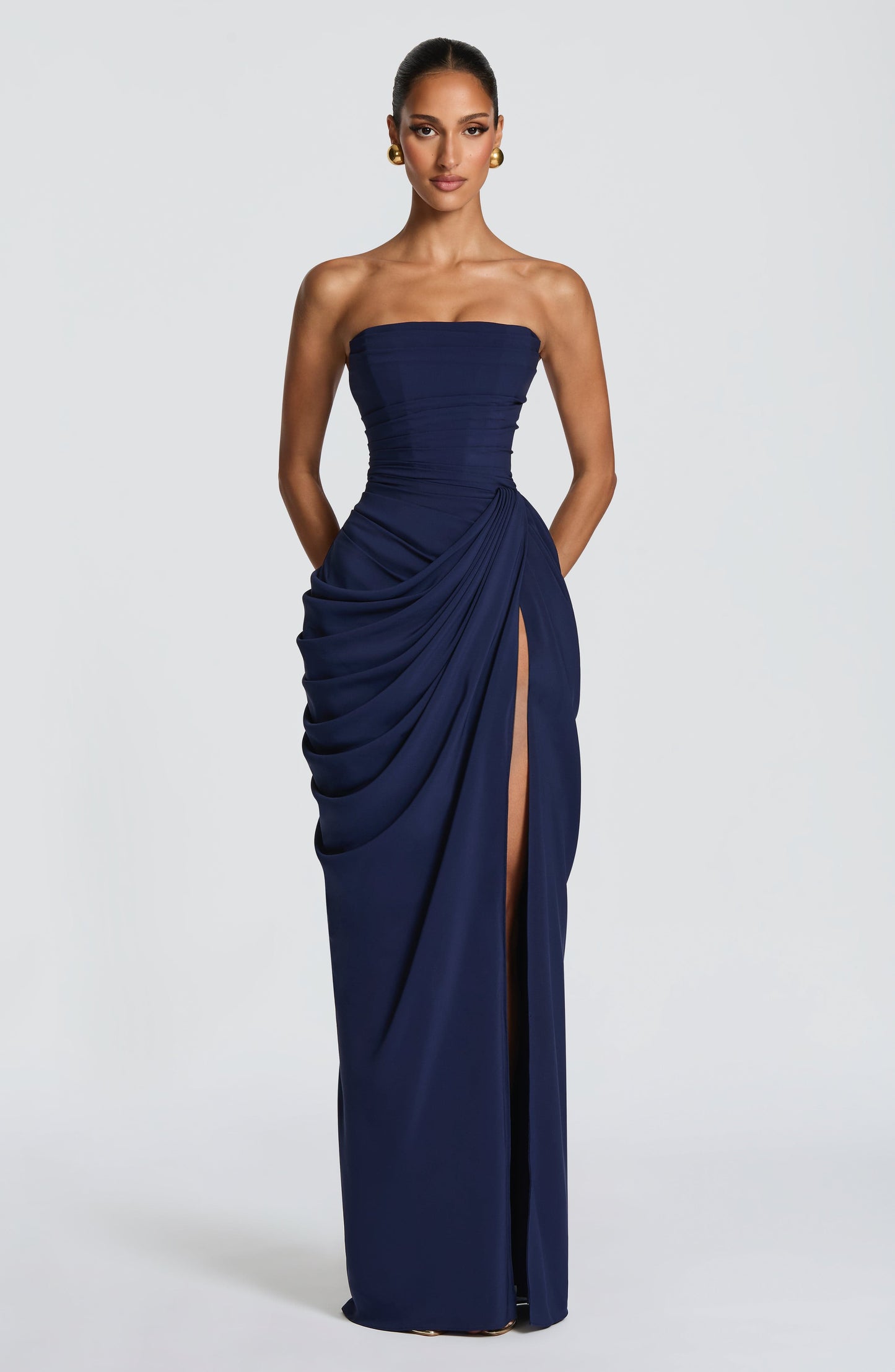 Women's Strapless Corset Maxi Dress with Draped Skirt and Thigh Split