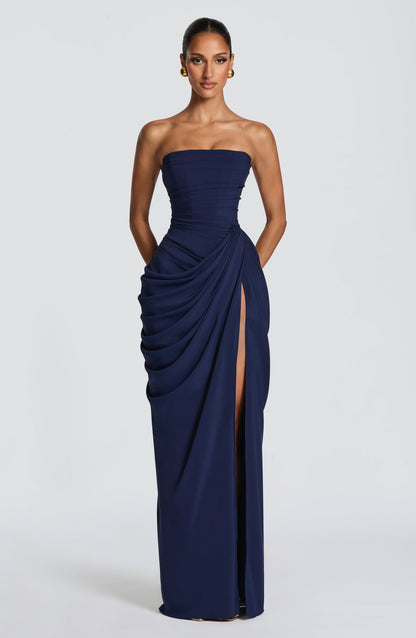 Women's Strapless Corset Maxi Dress with Draped Skirt and Thigh Split