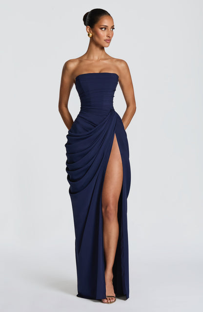 Women's Strapless Corset Maxi Dress with Draped Skirt and Thigh Split