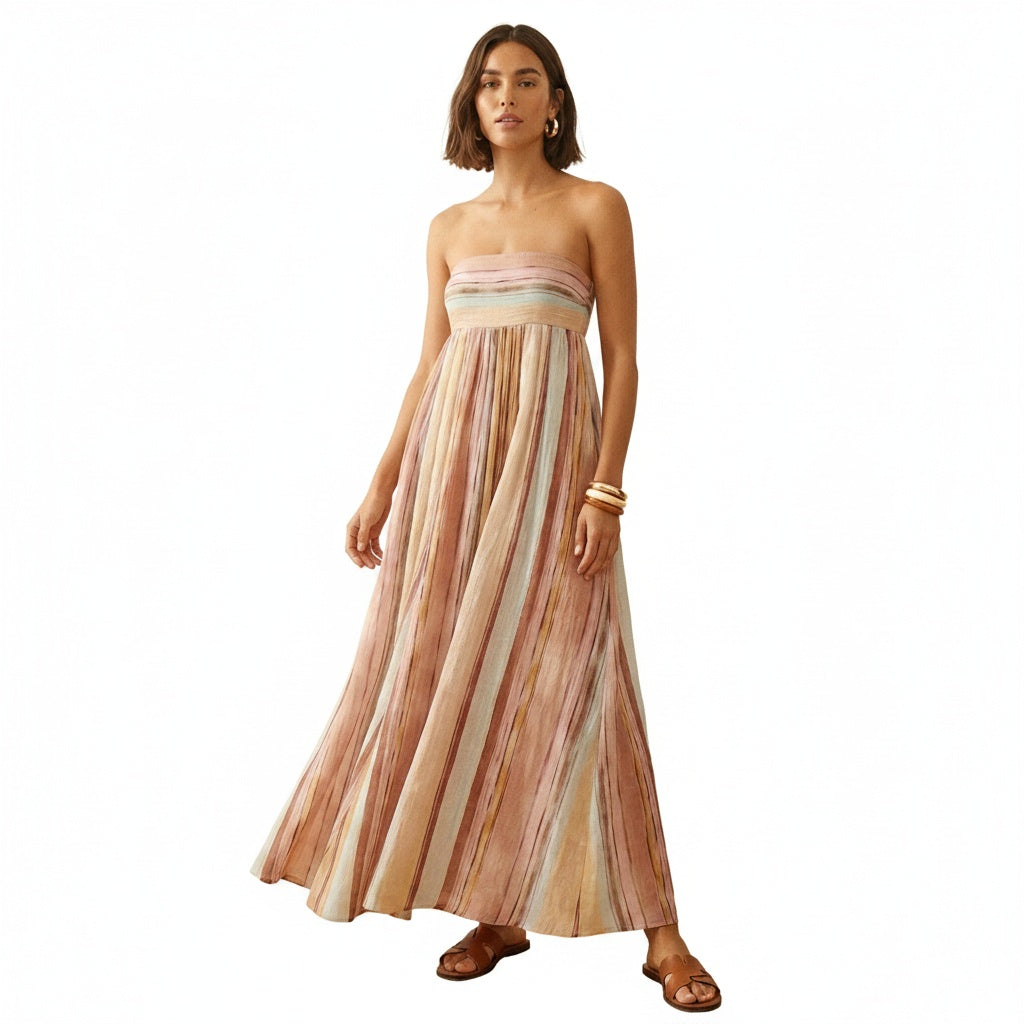Women's Strapless Maxi Dress with Striped Print and A-Line Silhouette