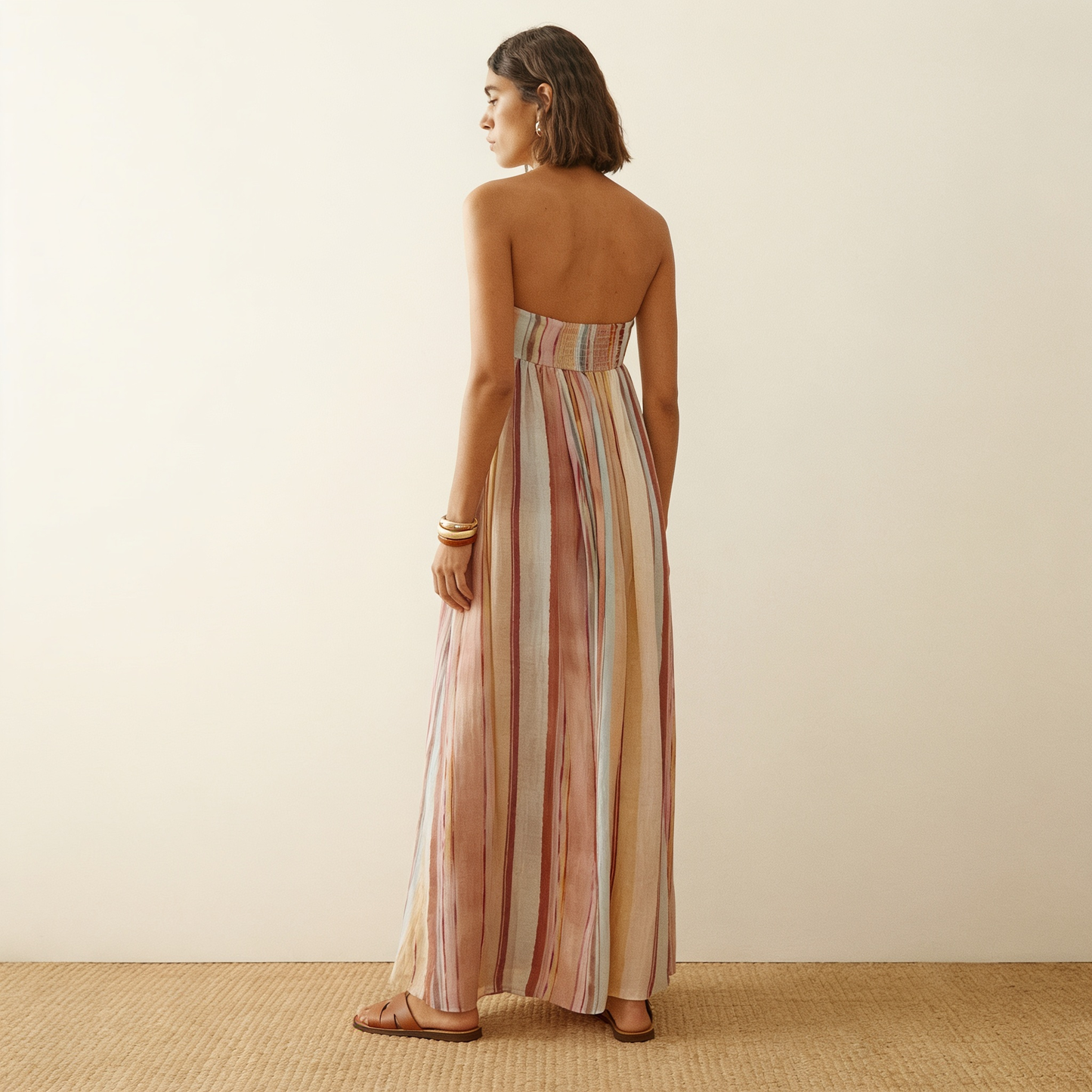 Women's Strapless Maxi Dress with Striped Print and A-Line Silhouette