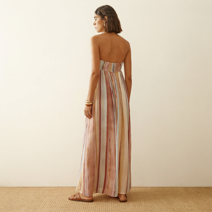 Women's Strapless Maxi Dress with Striped Print and A-Line Silhouette