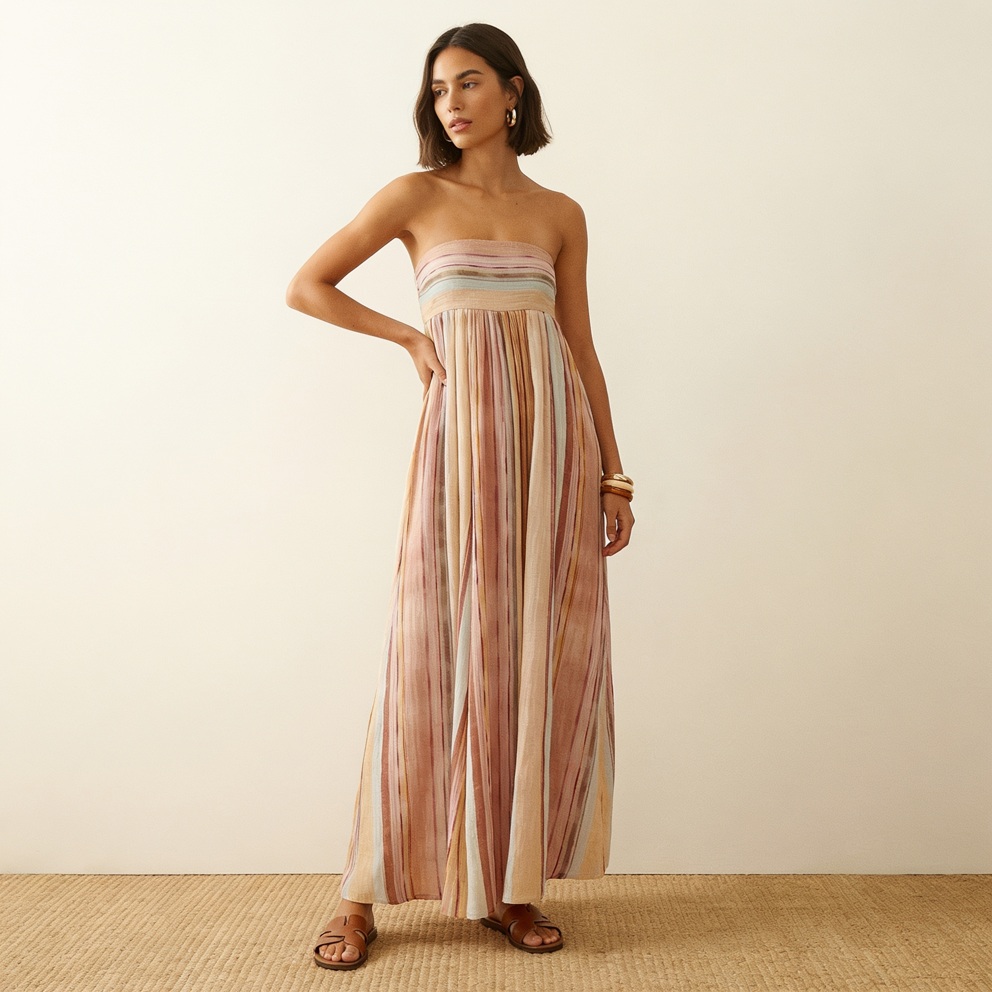 Women's Strapless Maxi Dress with Striped Print and A-Line Silhouette