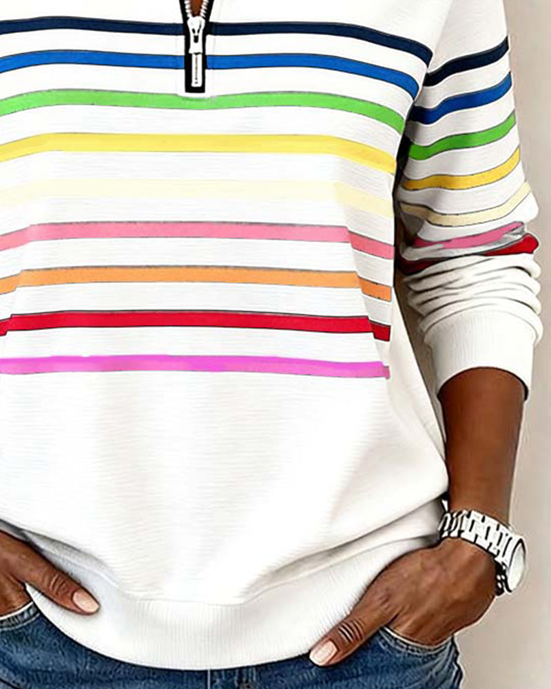 Women's Striped Half-Zip Sweatshirt with Stand Collar