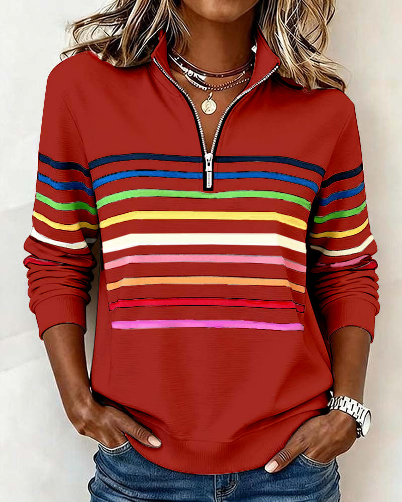Women's Striped Half-Zip Sweatshirt with Stand Collar