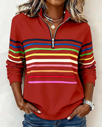 Women's Striped Half-Zip Sweatshirt with Stand Collar