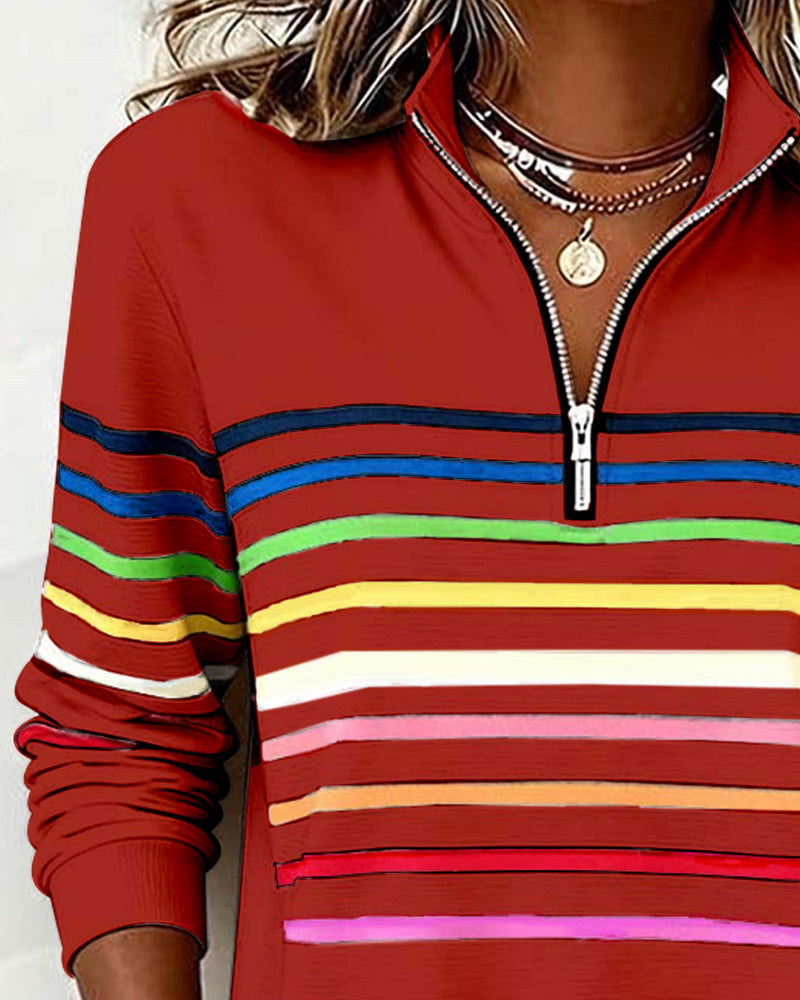 Women's Striped Half-Zip Sweatshirt with Stand Collar