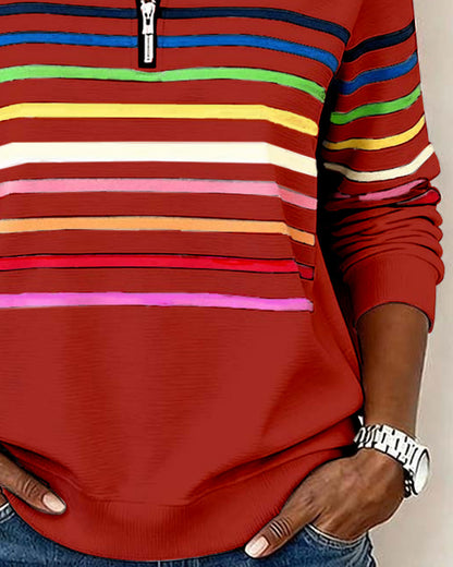 Women's Striped Half-Zip Sweatshirt with Stand Collar