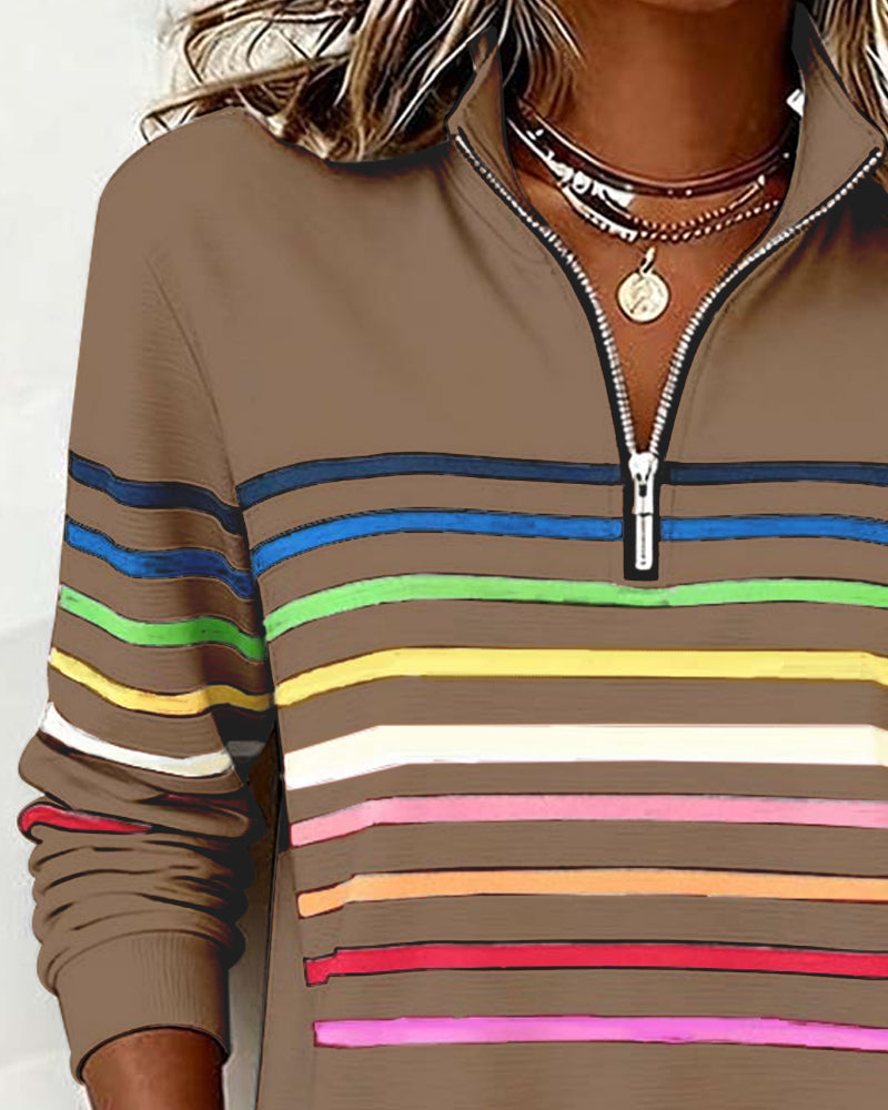 Women's Striped Half-Zip Sweatshirt with Stand Collar
