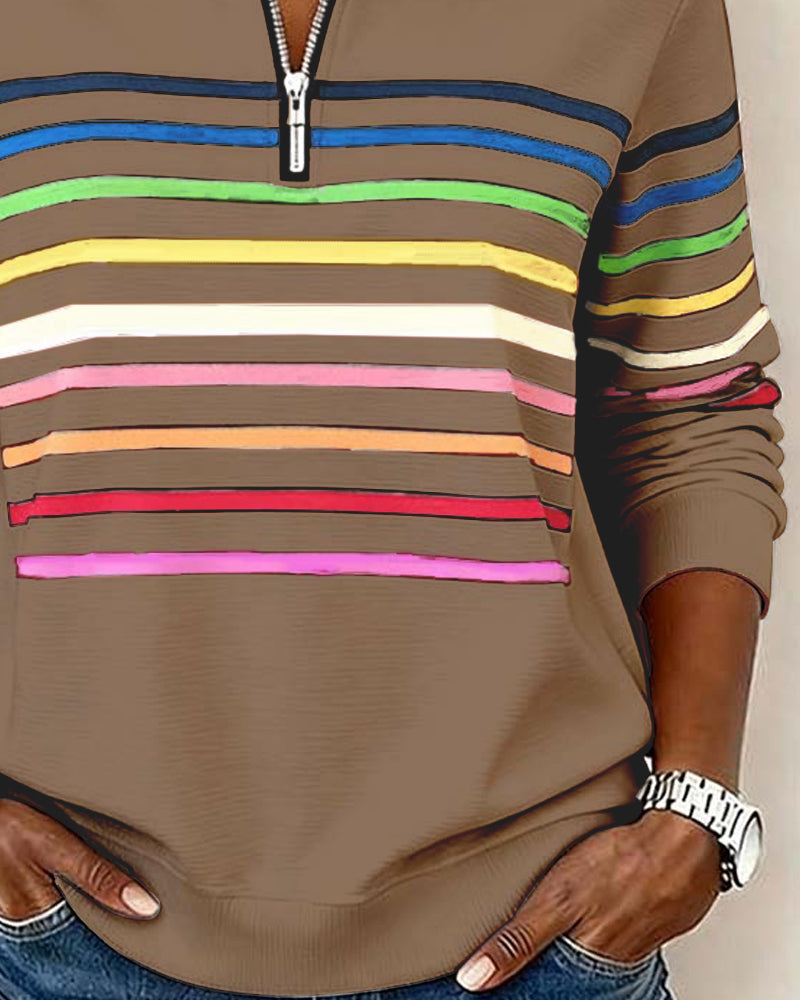 Women's Striped Half-Zip Sweatshirt with Stand Collar
