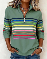 Women's Striped Half-Zip Sweatshirt with Stand Collar