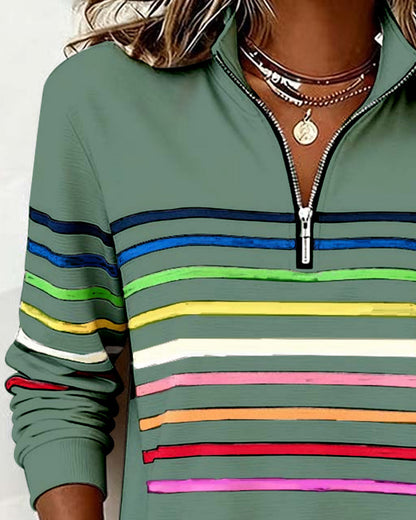 Women's Striped Half-Zip Sweatshirt with Stand Collar