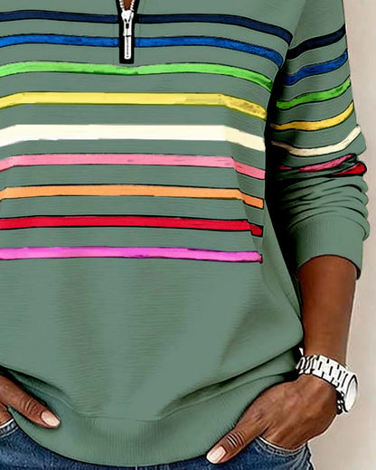 Women's Striped Half-Zip Sweatshirt with Stand Collar