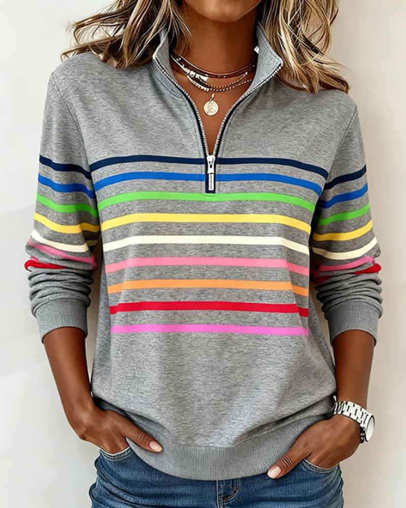 Women's Striped Half-Zip Sweatshirt with Stand Collar