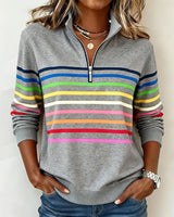 Women's Striped Half-Zip Sweatshirt with Stand Collar