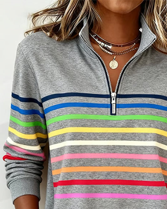Women's Striped Half-Zip Sweatshirt with Stand Collar