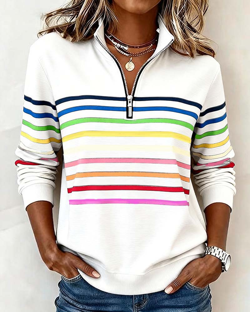 Women's Striped Half-Zip Sweatshirt with Stand Collar