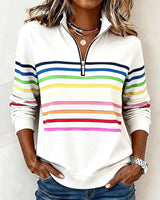 Women's Striped Half-Zip Sweatshirt with Stand Collar
