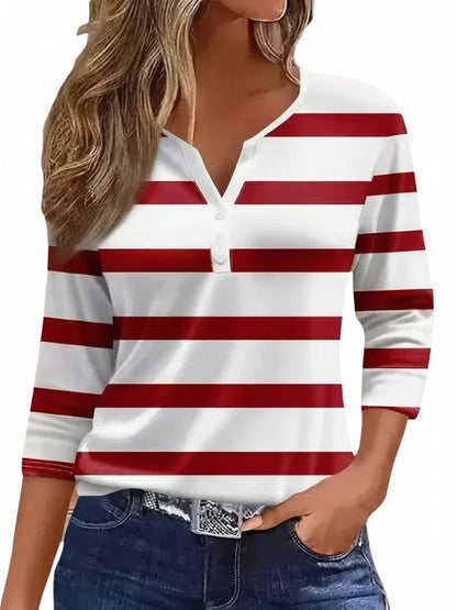 Women's Striped Henley Top with Three-Quarter Sleeves and V-Neck