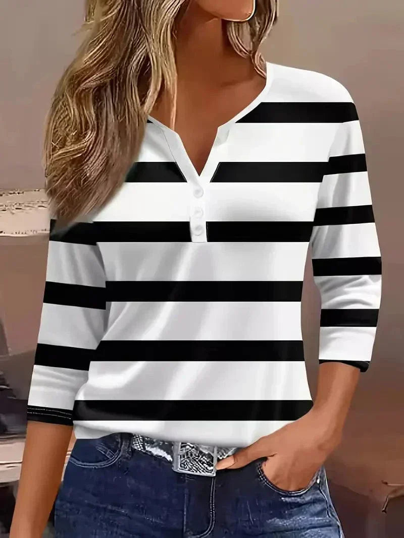 Women's Striped Henley Top with Three-Quarter Sleeves and V-Neck