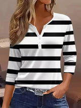 Women's Striped Henley Top with Three-Quarter Sleeves and V-Neck