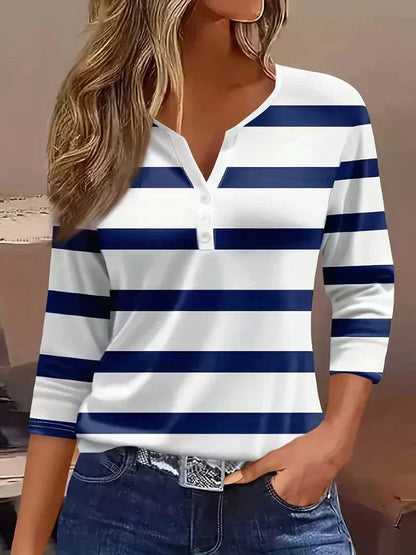 Women's Striped Henley Top with Three-Quarter Sleeves and V-Neck
