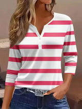 Women's Striped Henley Top with Three-Quarter Sleeves and V-Neck