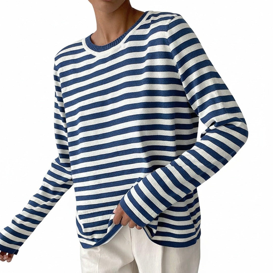 Women's Striped Long Sleeve Top with Round Neck