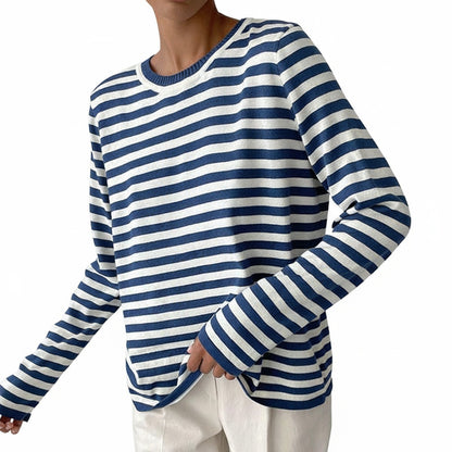 Women's Striped Long Sleeve Top with Round Neck
