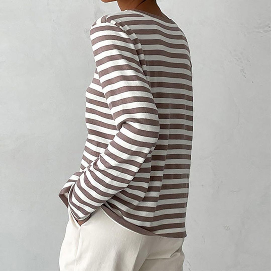 Women's Striped Long Sleeve Top with Round Neck