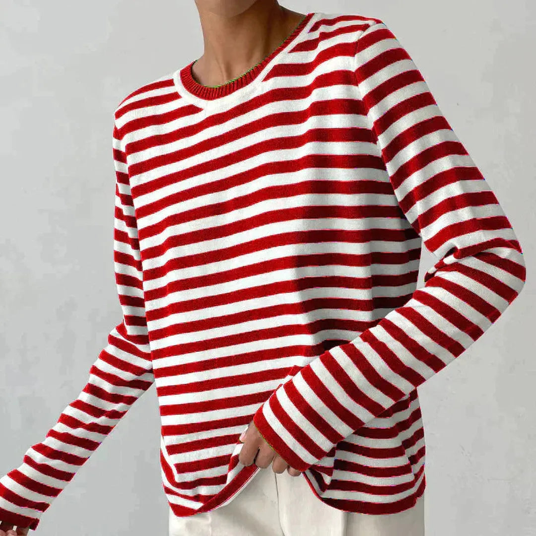 Women's Striped Long Sleeve Top with Round Neck