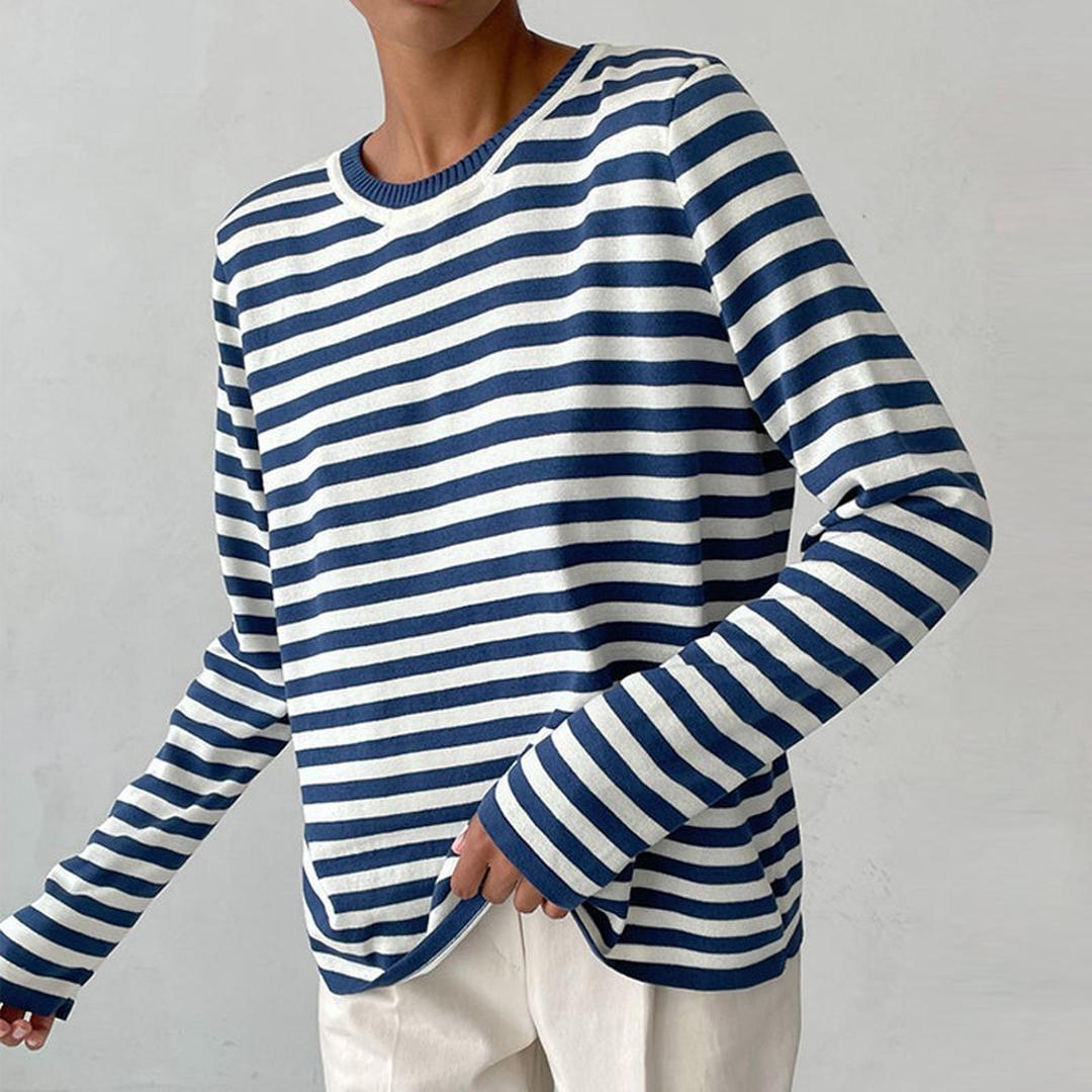 Women's Striped Long Sleeve Top with Round Neck