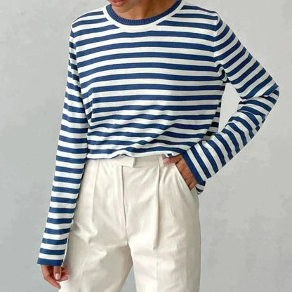 Women's Striped Long Sleeve Top with Round Neck