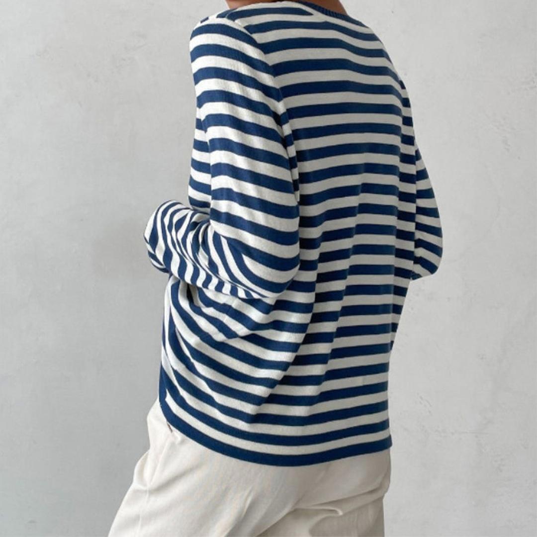 Women's Striped Long Sleeve Top with Round Neck