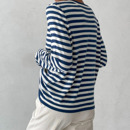 Women's Striped Long Sleeve Top with Round Neck