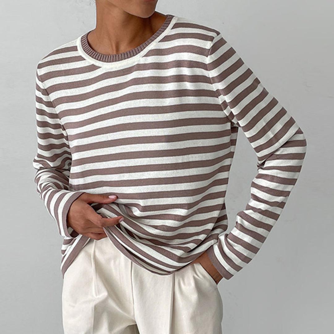 Women's Striped Long Sleeve Top with Round Neck