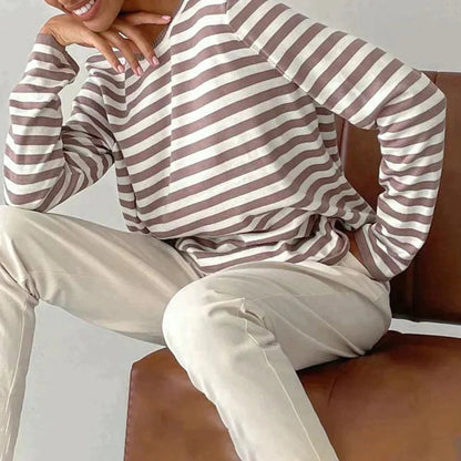 Women's Striped Long Sleeve Top with Round Neck