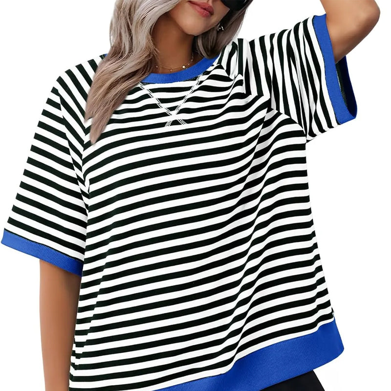 Women's Striped Oversized T-Shirt with Round Neck and Colorblock Trim