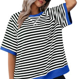Women's Striped Oversized T-Shirt with Round Neck and Colorblock Trim