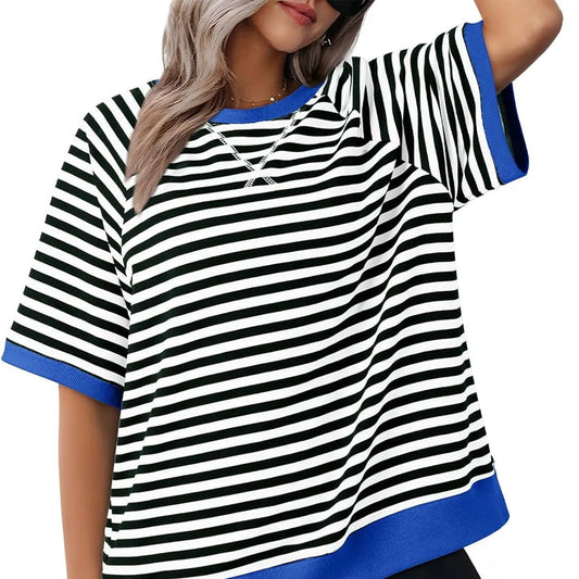 Women's Striped Oversized T-Shirt with Round Neck and Colorblock Trim