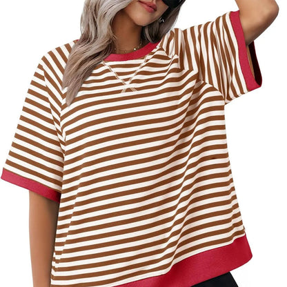 Women's Striped Oversized T-Shirt with Round Neck and Colorblock Trim