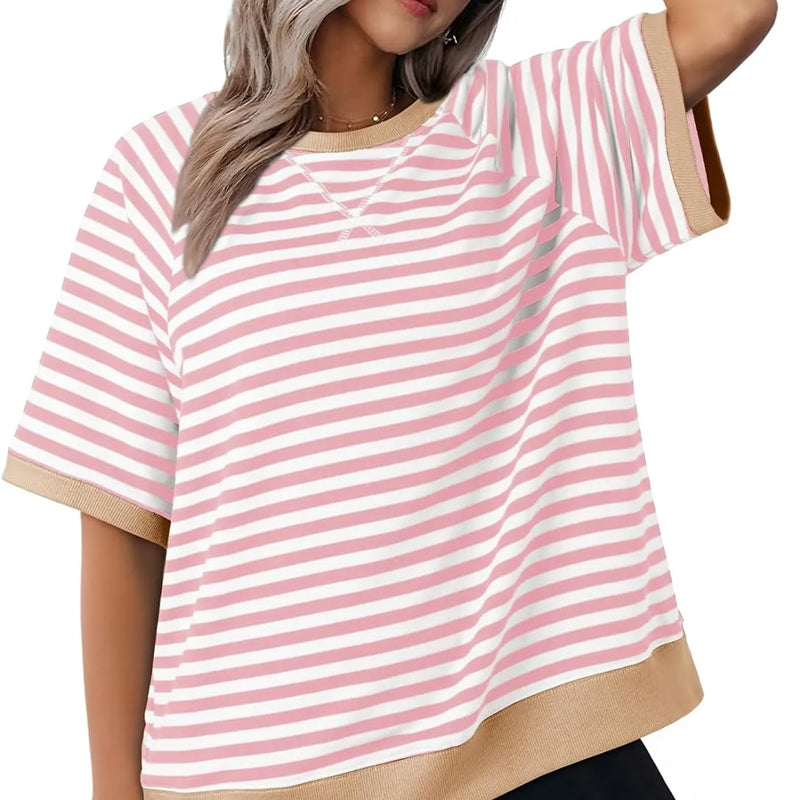 Women's Striped Oversized T-Shirt with Round Neck and Colorblock Trim