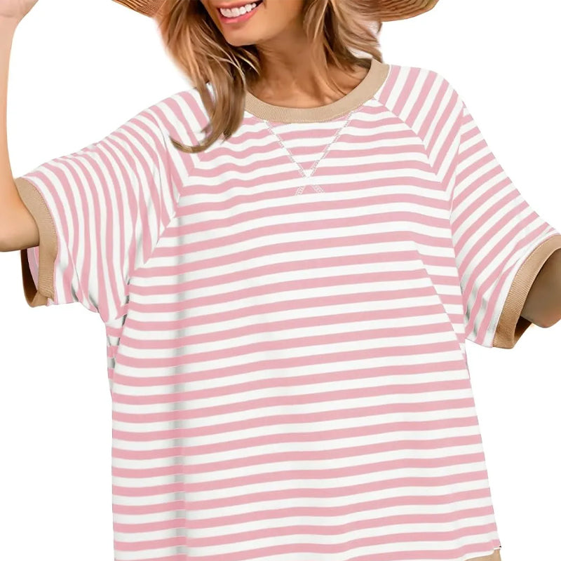 Women's Striped Oversized T-Shirt with Round Neck and Colorblock Trim